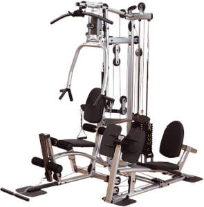 Home gym equipment with multiple exercise stations.
