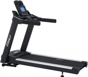 Black treadmill with digital display and handlebars.