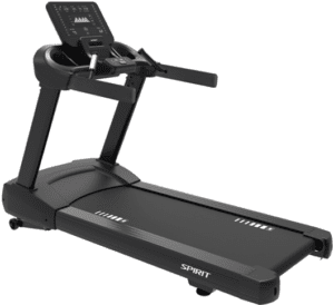 Black treadmill with digital display and controls.
