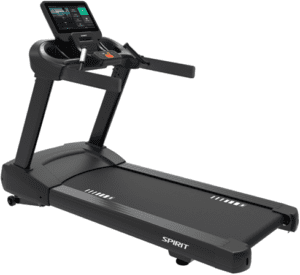 Black treadmill with digital display screen.