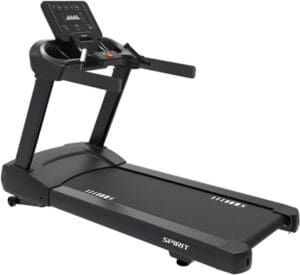 Black treadmill with digital display screen.