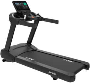 Black treadmill with digital display and controls.