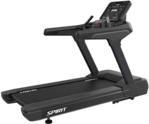 Black treadmill with digital display and controls.