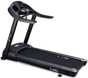 Black treadmill with digital display panel.