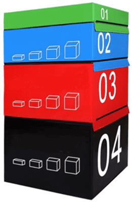Stacked colorful boxes labeled 02, 03, and 04 with product icons.