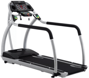 Treadmill with digital display and handlebars.