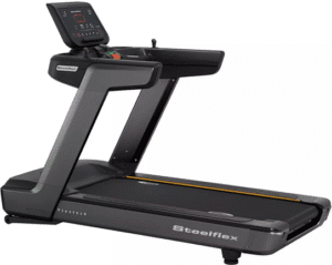 Black Steelflex treadmill with digital display.