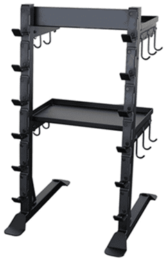 Black metal tool storage rack with hooks.