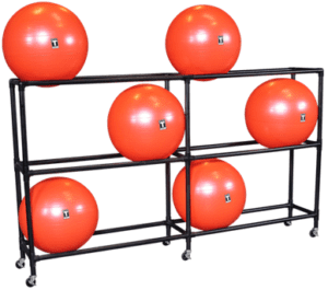 Red exercise balls on black metal rack.