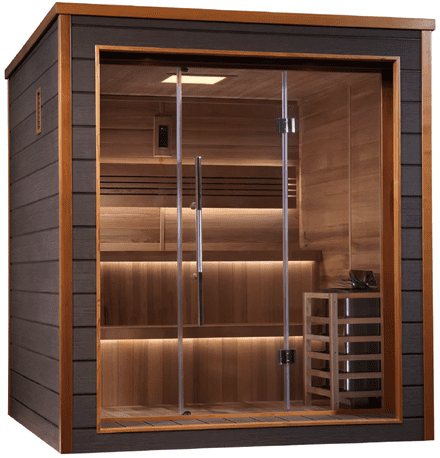 Modern wooden sauna with glass door.