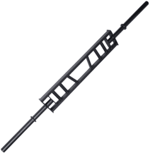 Black multi-grip barbell on white background.