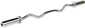 Curved metallic barbell for weightlifting exercises.
