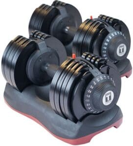 Adjustable dumbbells on a stand.