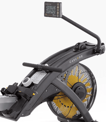 Close-up of a black exercise bike with yellow flywheel and digital display.