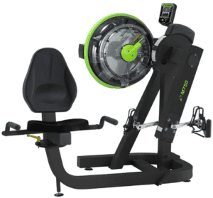 Recumbent exercise machine with resistance wheel.