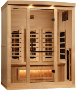 Wooden infrared sauna with glass door.