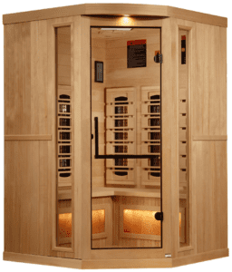 Wooden infrared sauna with glass door.