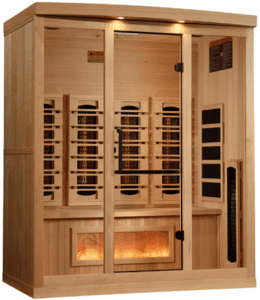 Wooden infrared sauna with glass door.