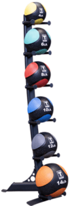Medicine balls on a vertical storage rack.