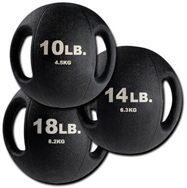 Black slam balls with weight markings displayed.