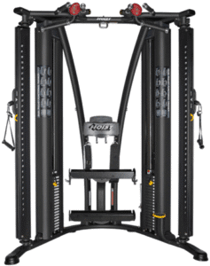 Dual cable crossover gym machine for strength training.