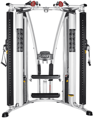 Dual cable crossover machine for strength training exercises.