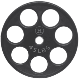 Black 45 lbs weight plate with holes.