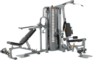 Multi-station home gym equipment on white background.