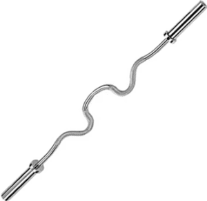 Curved metal barbell for weightlifting exercises.