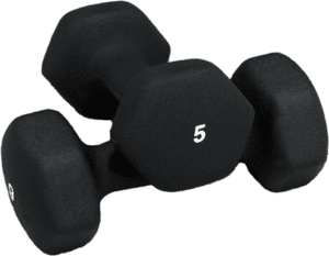 Two black dumbbells, each weighing five pounds.