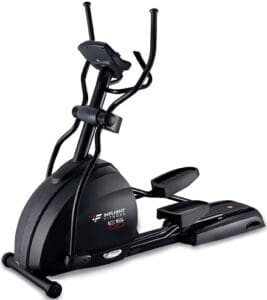 Black elliptical exercise machine with digital display.