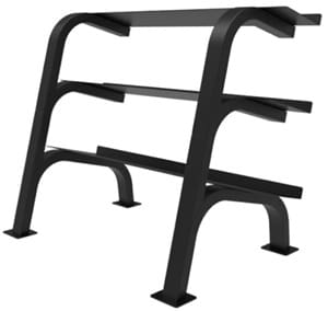 Black three-tier weight rack for gym storage.