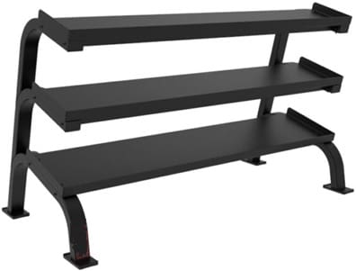 Black metal TV stand with three shelves and sturdy legs.