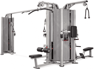Multi-station gym equipment with various attachments.