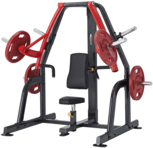 Chest press machine with red weight plates.