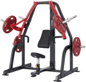 Red and black seated chest press machine.