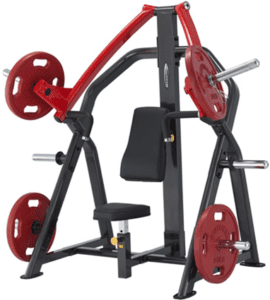 Red and black shoulder press gym machine.