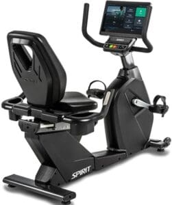 Recumbent exercise bike with digital display screen.