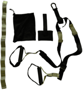 Black and green suspension training straps with handles and accessories.