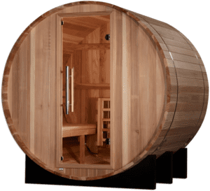 Wooden barrel sauna with open door.