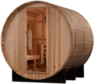 Wooden barrel sauna with open door.