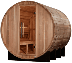 Wooden barrel sauna with open door.