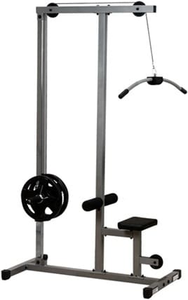 Lat pulldown machine with weight plates.