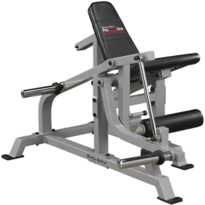 Seated leg curl exercise machine on black background.