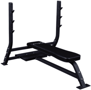 Black weight bench with barbell rack.