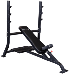 Adjustable weight bench with barbell rack.