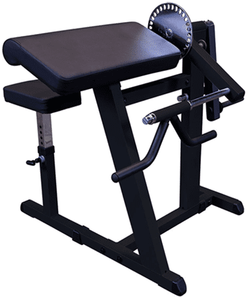 Adjustable weight bench with preacher curl attachment for arm workouts.