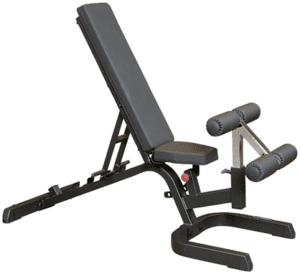 Adjustable weight bench with leg support attachment.
