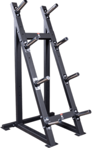 Weight plate storage rack on black background.
