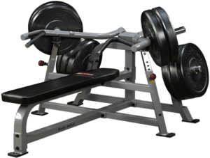 Incline bench press machine with weights loaded.